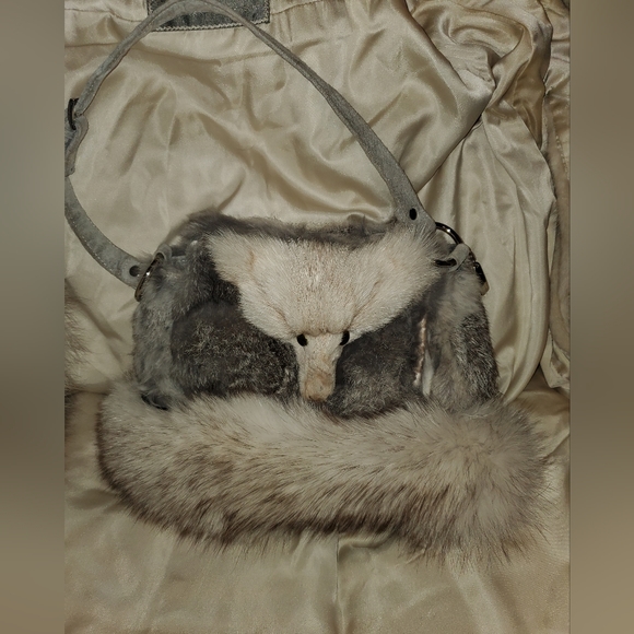 None Handbags - Genuine White Fox Fur and Gray Rabbit Fur Purse Handbag